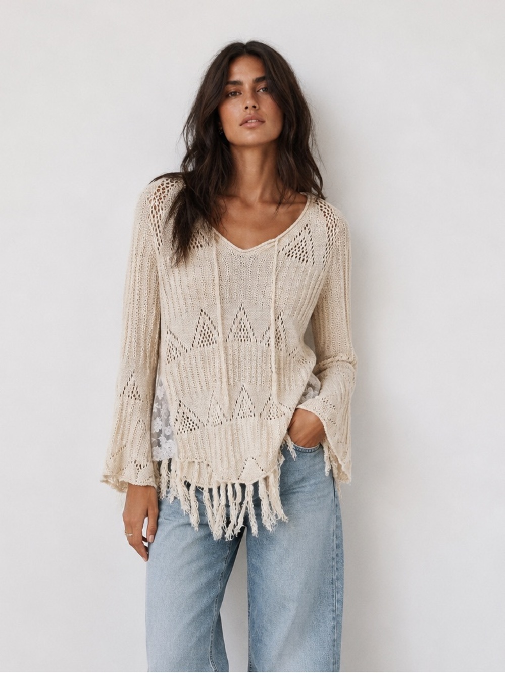 Altar’d State Boho Open Knit Fringe Sweater Top Lace Trim Cream Size M